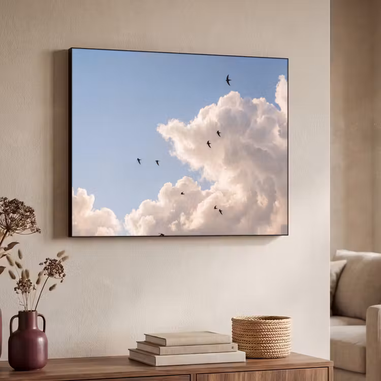 Vogel - Vlucht - Wolken - Natuur - Blauw Textielframe zwart klein -sfeer3
