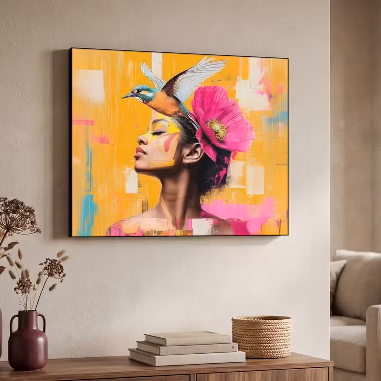 Vogel - Vrouw - Abstract - Bloem Textielframe - compleet frame klein -sfeer3