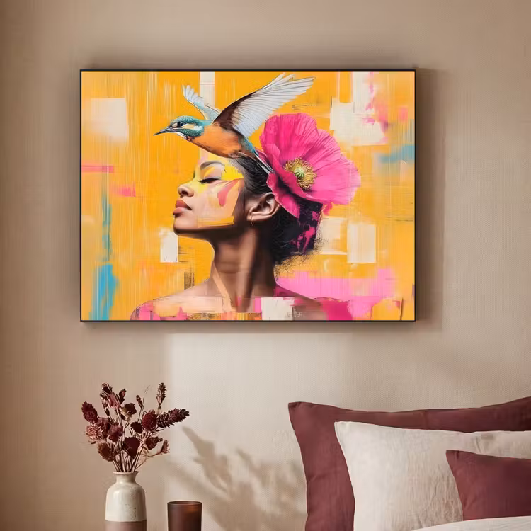 Vogel - Vrouw - Abstract - Bloem Textielframe - compleet frame klein -sfeer1