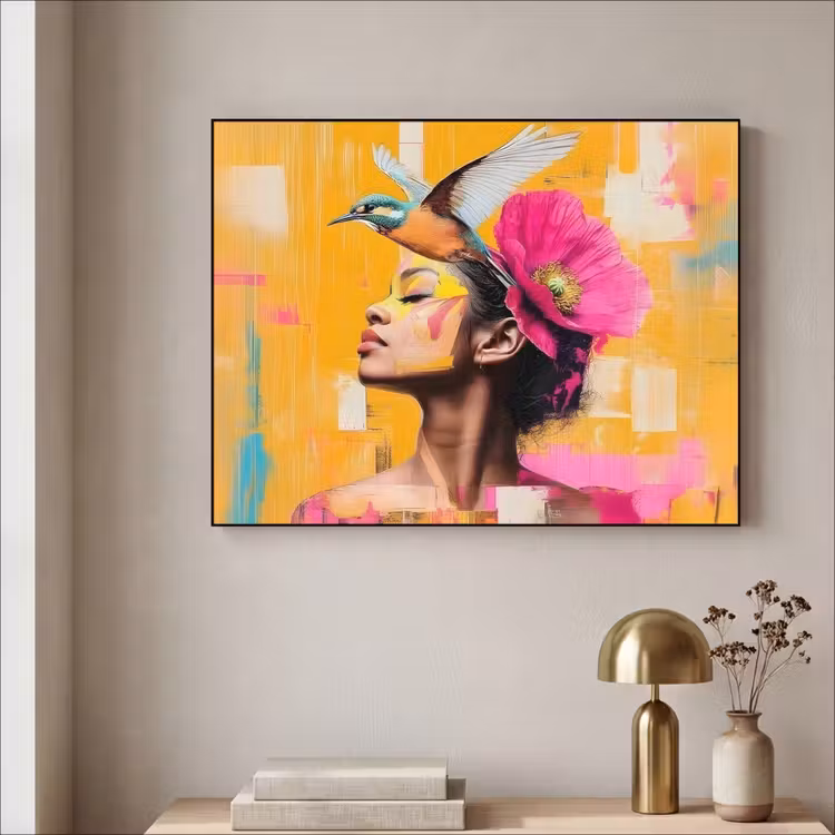 Vogel - Vrouw - Abstract - Bloem Textielframe - compleet frame klein -sfeer2