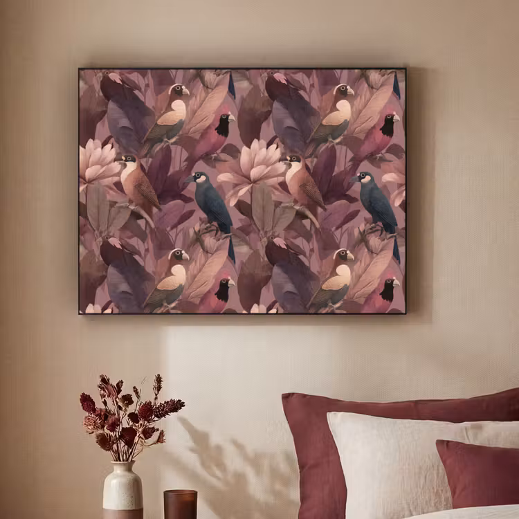 Vogels - Bladeren - Roze Textielframe zwart klein 947 -sfeer1