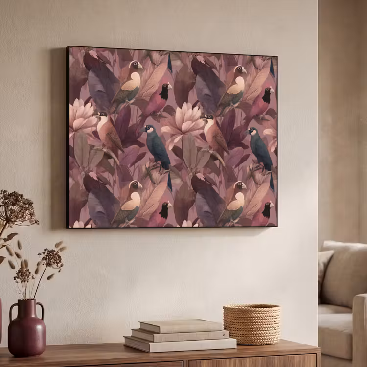 Vogels - Bladeren - Roze Textielframe zwart klein 947 -sfeer3