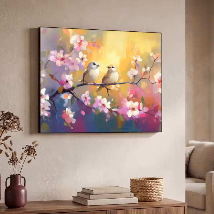 Vogels - Bloemen - Roze Textielframe - compleet frame klein -sfeer3