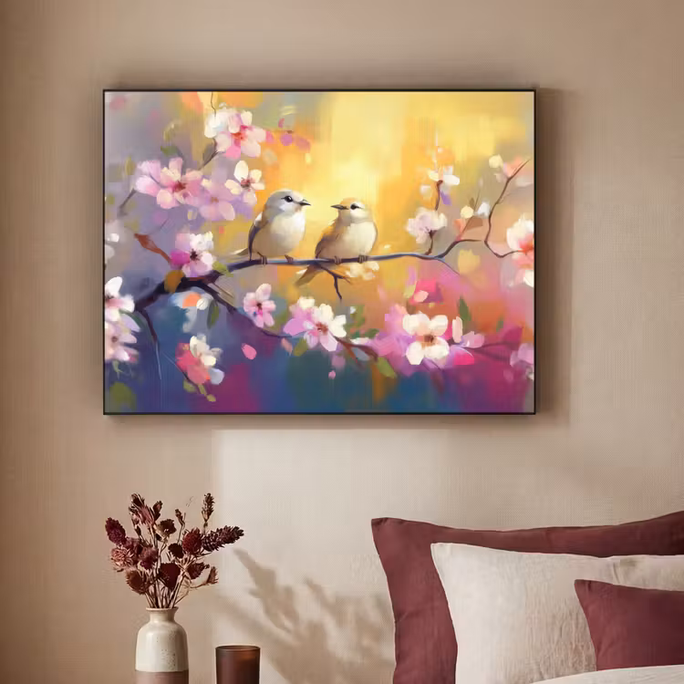 Vogels - Bloemen - Roze Textielframe - compleet frame klein -sfeer1