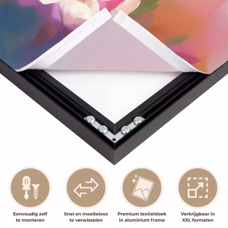 Vogels - Bloemen - Roze Textielframe zwart klein -USP_closeupNL