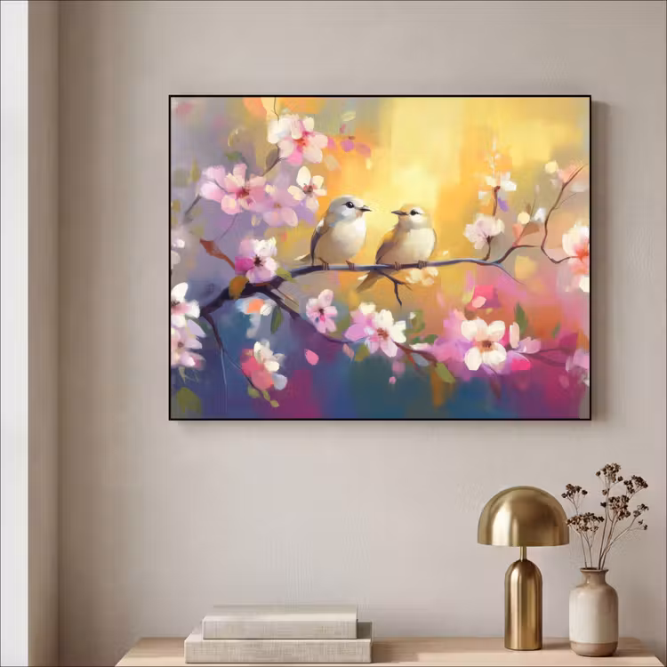 Vogels - Bloemen - Roze Textielframe - compleet frame klein -sfeer2