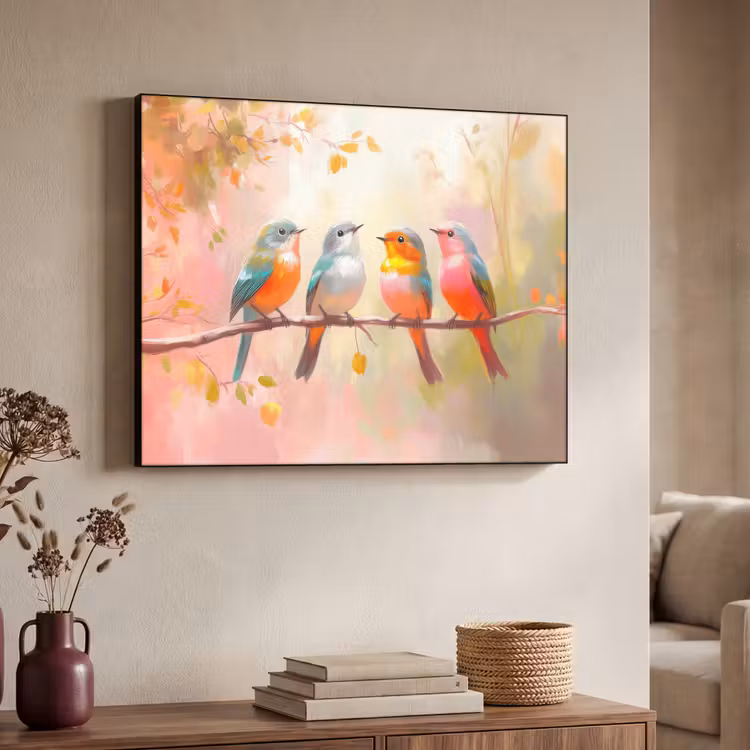 Vogels - Kleurrijk - Tak Textielframe zwart klein -sfeer3