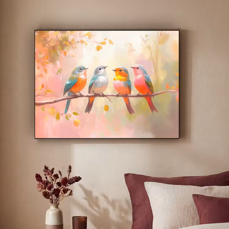 Vogels - Kleurrijk - Tak Textielframe - compleet frame klein -sfeer1