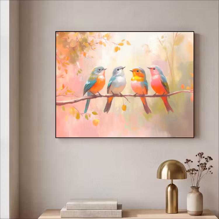 Vogels - Kleurrijk - Tak Textielframe zwart klein -sfeer2
