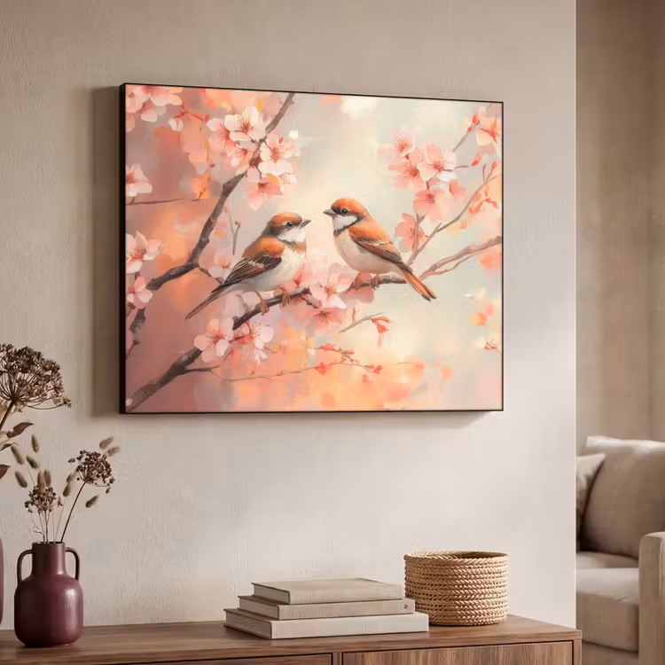Vogels - Romantic - Bloesemtak Textielframe zwart klein -sfeer3