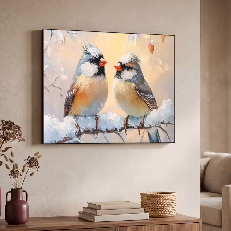 Vogels - Tak - Winter - Sneeuw Textielframe zwart klein -sfeer3