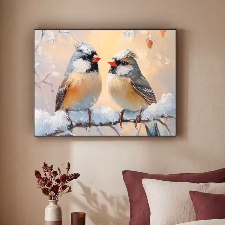 Vogels - Tak - Winter - Sneeuw Textielframe zwart klein -sfeer1