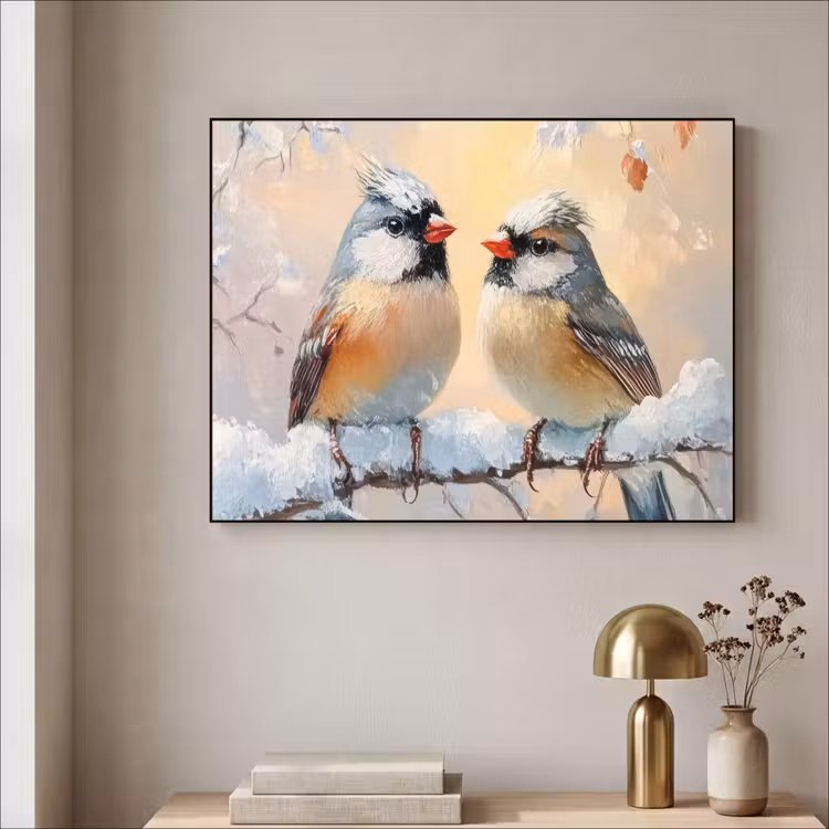 Vogels - Tak - Winter - Sneeuw Textielframe zwart klein -sfeer2
