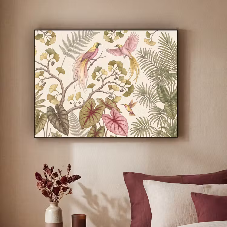 Vogels - Tropisch - Botanisch - Roze Textielframe zwart klein -sfeer1