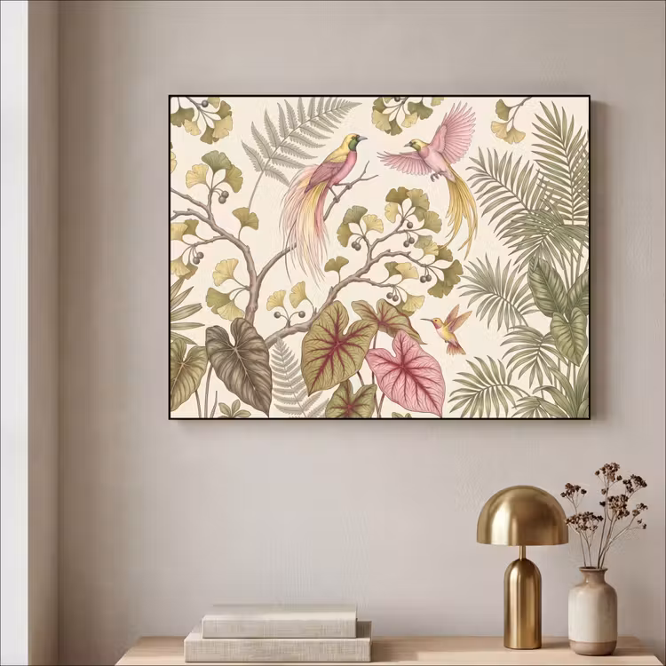 Vogels - Tropisch - Botanisch - Roze Textielframe zwart klein -sfeer2