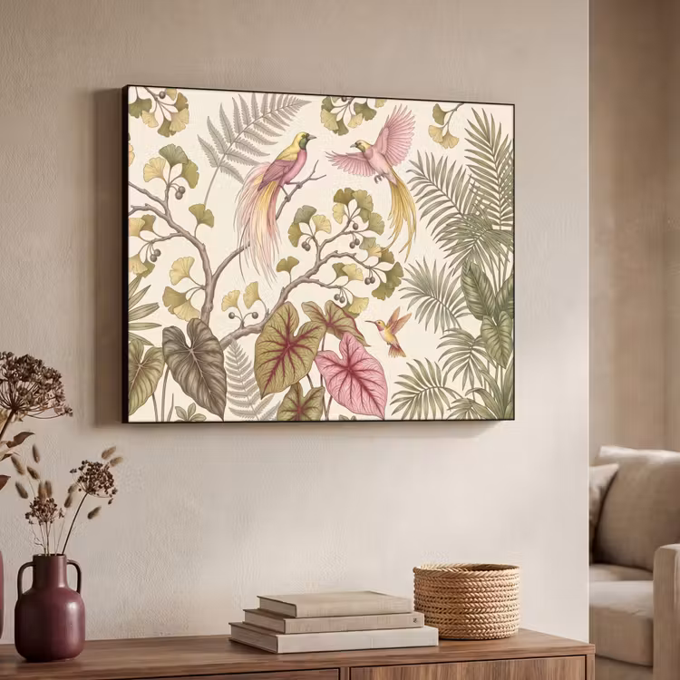 Vogels - Tropisch - Botanisch - Roze Textielframe zwart klein -sfeer3