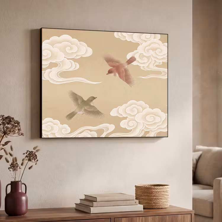 Vogels - Vliegen - Beige Textielframe zwart klein -sfeer3