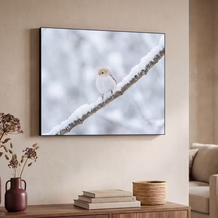 Vogeltje - Sneeuw - Tak - Winter - Zacht Textielframe zwart klein -sfeer3