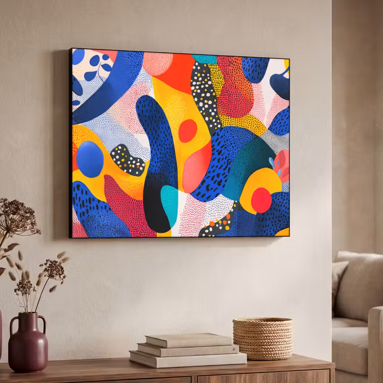 Vormen - Abstract - Stippels - Blauw Textielframe - compleet frame klein -sfeer3