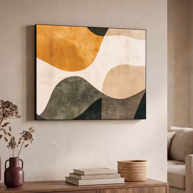 Vormen - Okergeel - Abstract Textielframe zwart klein -sfeer3