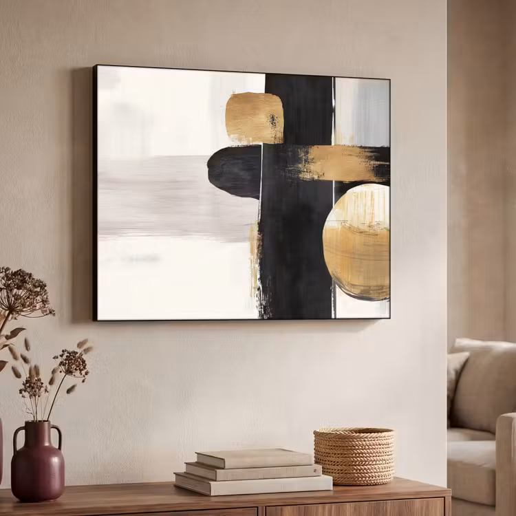 Vormen - Penseelstreken - Abstract - Goud Textielframe zwart klein -sfeer3