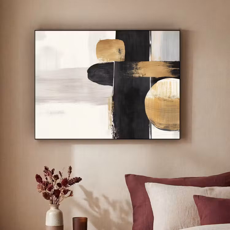 Vormen - Penseelstreken - Abstract - Goud Textielframe zwart klein -sfeer1
