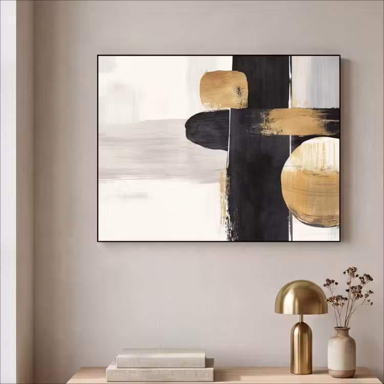 Vormen - Penseelstreken - Abstract - Goud Textielframe - compleet frame klein -sfeer2