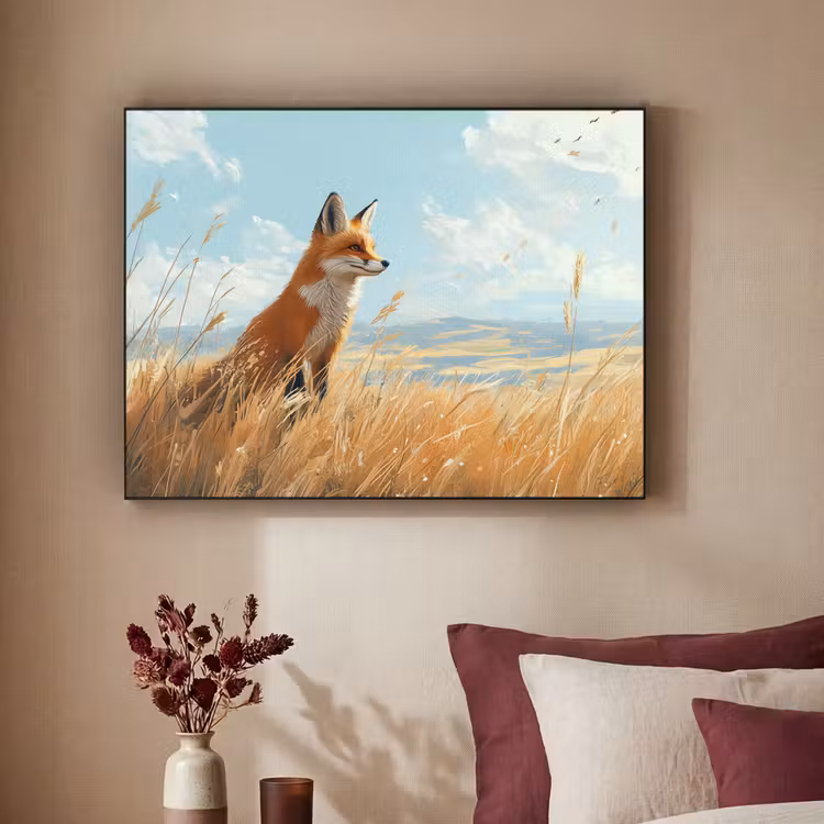 Vos - Gras - Wolken - Oranje Textielframe - compleet frame klein -sfeer1