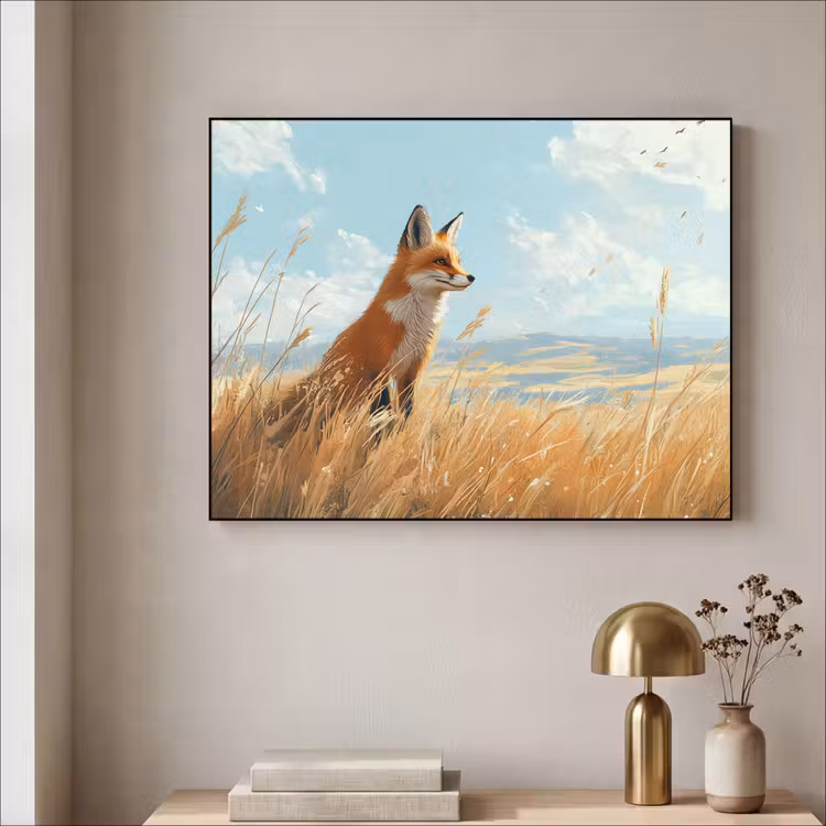 Vos - Gras - Wolken - Oranje Textielframe zwart klein -sfeer2