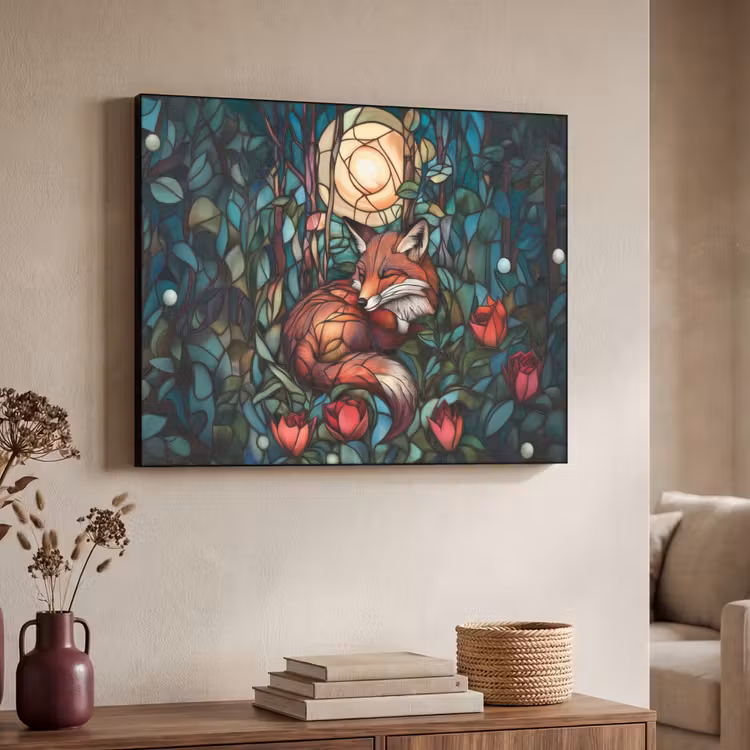 Vos - Mozaïek - Bos - Maan Textielframe zwart klein -sfeer3