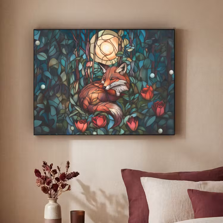 Vos - Mozaïek - Bos - Maan Textielframe zwart klein -sfeer1