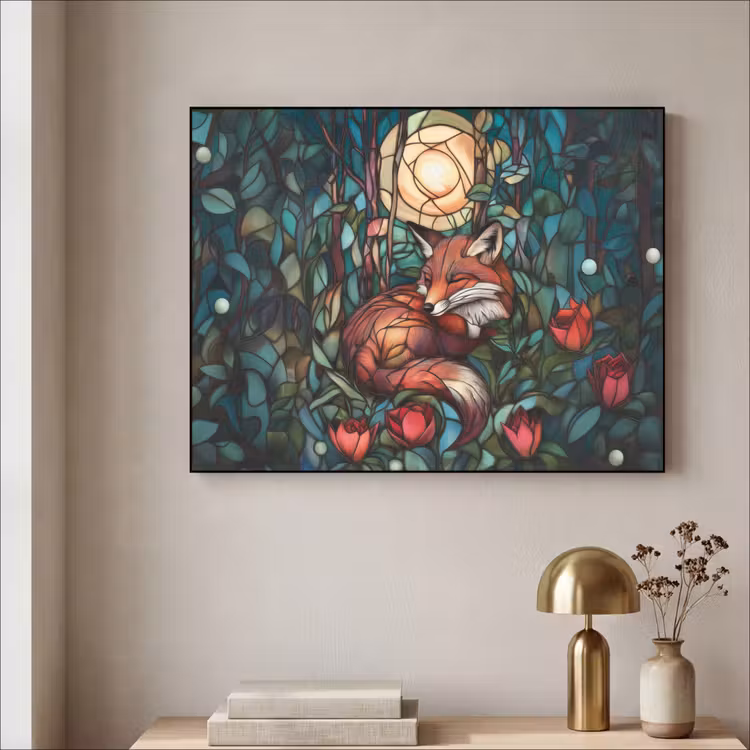 Vos - Mozaïek - Bos - Maan Textielframe zwart klein -sfeer2