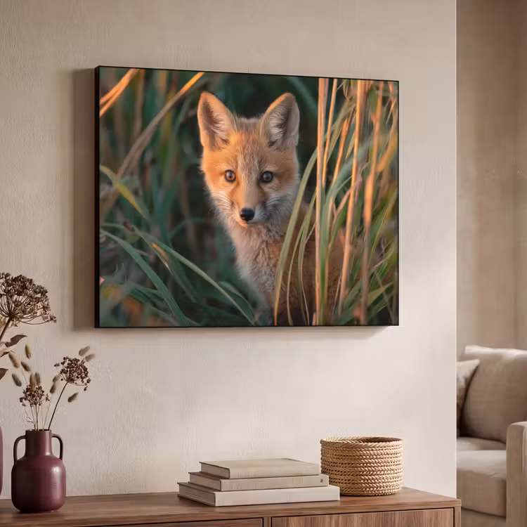 Vos - Oranje - Gras Textielframe zwart klein -sfeer3