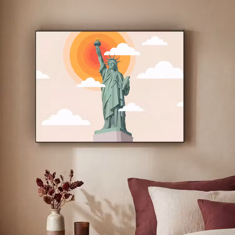 Vrijheidsbeeld - New York - Zon - Modern Textielframe zwart klein -sfeer1