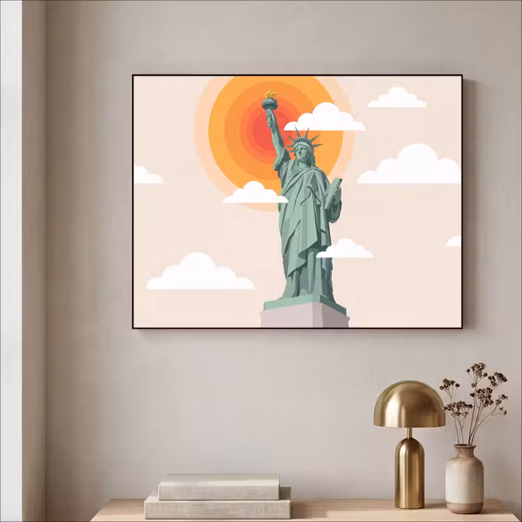 Vrijheidsbeeld - New York - Zon - Modern Textielframe zwart klein -sfeer2