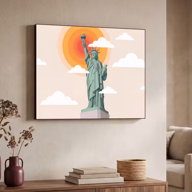 Vrijheidsbeeld - New York - Zon - Modern Textielframe zwart klein -sfeer3