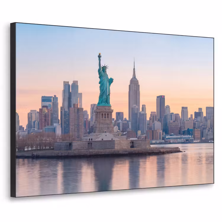 Vrijheidsbeeld - New York - Zonsopgang - Stad - Architectuur Textielframe zwart klein -3d