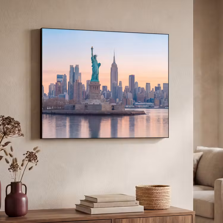 Vrijheidsbeeld - New York - Zonsopgang - Stad - Architectuur Textielframe zwart klein -sfeer3