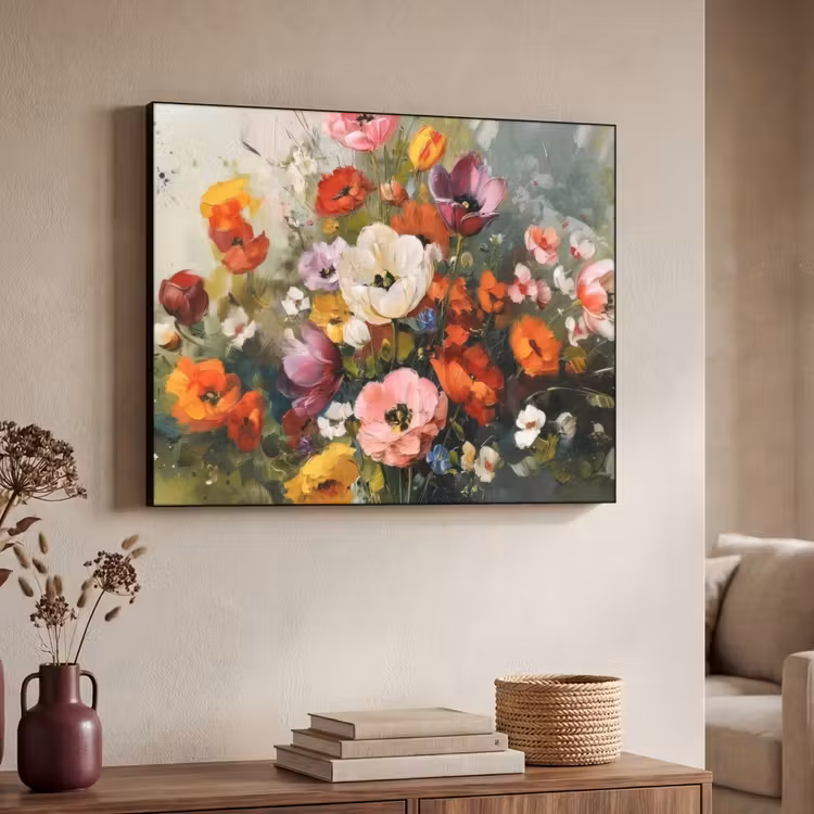 Vrolijk boeket - Dynamisch - Subtiele kleurspatten Textielframe zwart klein -sfeer3