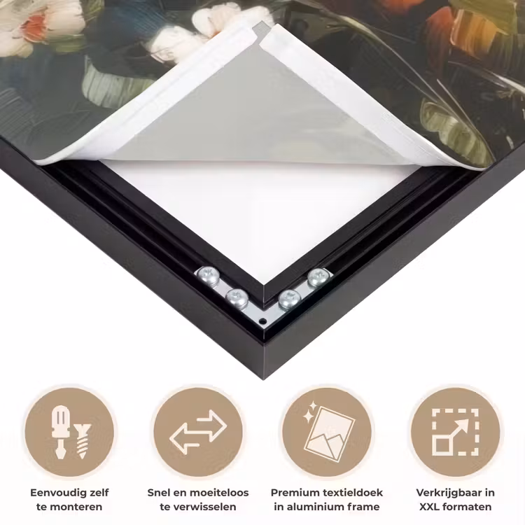 Vrolijk boeket - Dynamisch - Subtiele kleurspatten Textielframe zwart klein -USP_closeupNL
