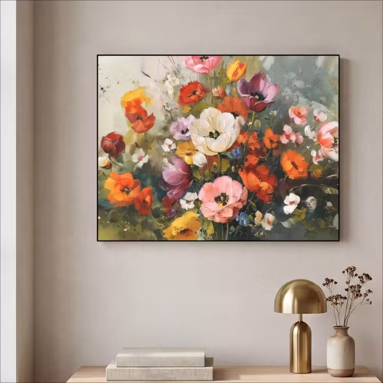Vrolijk boeket - Dynamisch - Subtiele kleurspatten Textielframe - compleet frame klein -sfeer2