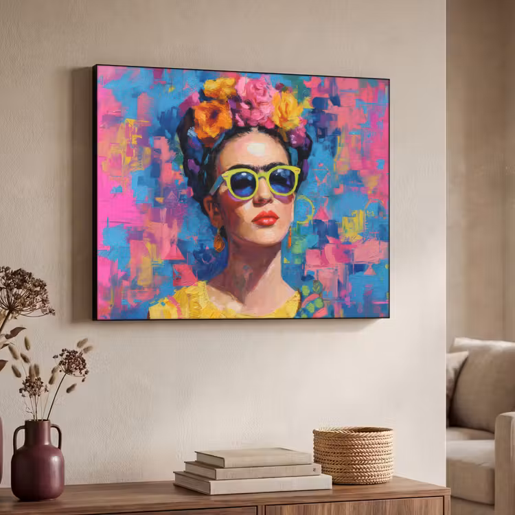 Vrolijk portret - Vrouw - Bloemenkroon Textielframe - compleet frame klein -sfeer3