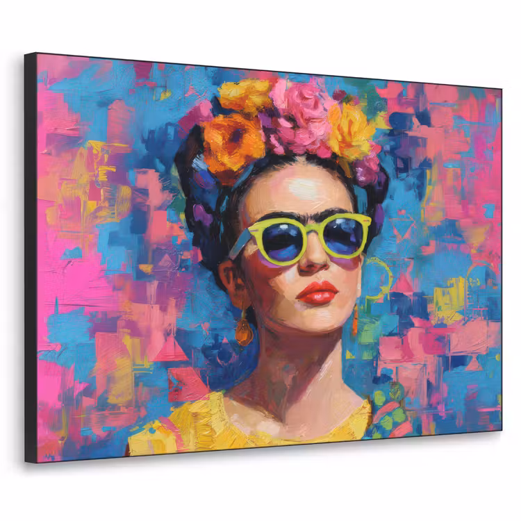 Vrolijk portret - Vrouw - Bloemenkroon Textielframe zwart klein -3d