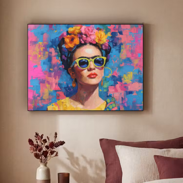 Vrolijk portret - Vrouw - Bloemenkroon Textielframe - compleet frame klein -sfeer1