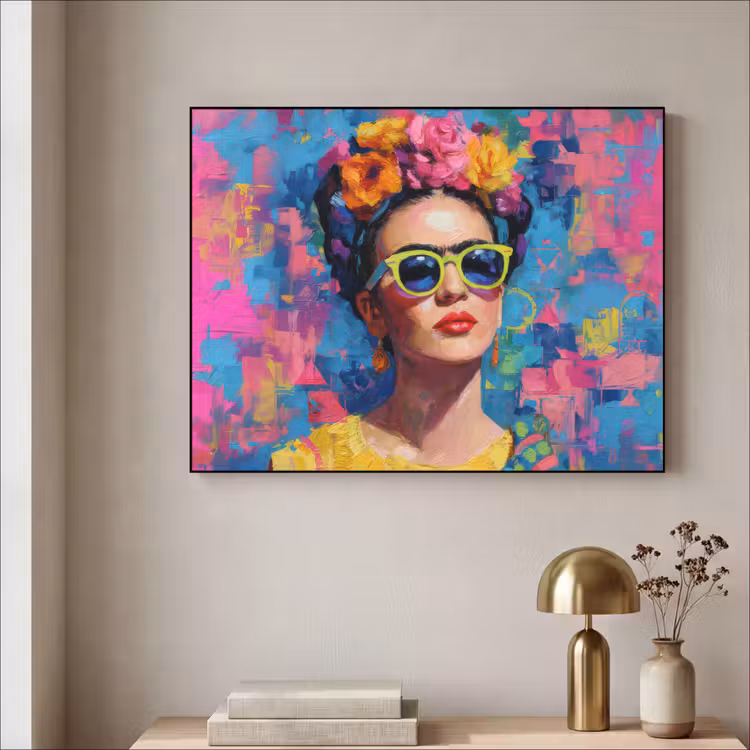 Vrolijk portret - Vrouw - Bloemenkroon Textielframe - compleet frame klein -sfeer2
