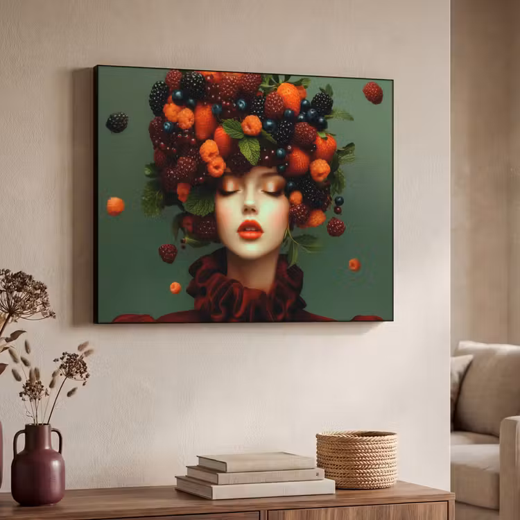Vrouw - Aardbeien - Frambozen - Bramen - Bessen Textielframe zwart klein -sfeer3