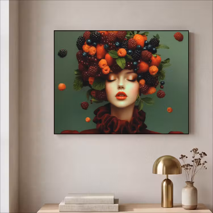 Vrouw - Aardbeien - Frambozen - Bramen - Bessen Textielframe zwart klein -sfeer2
