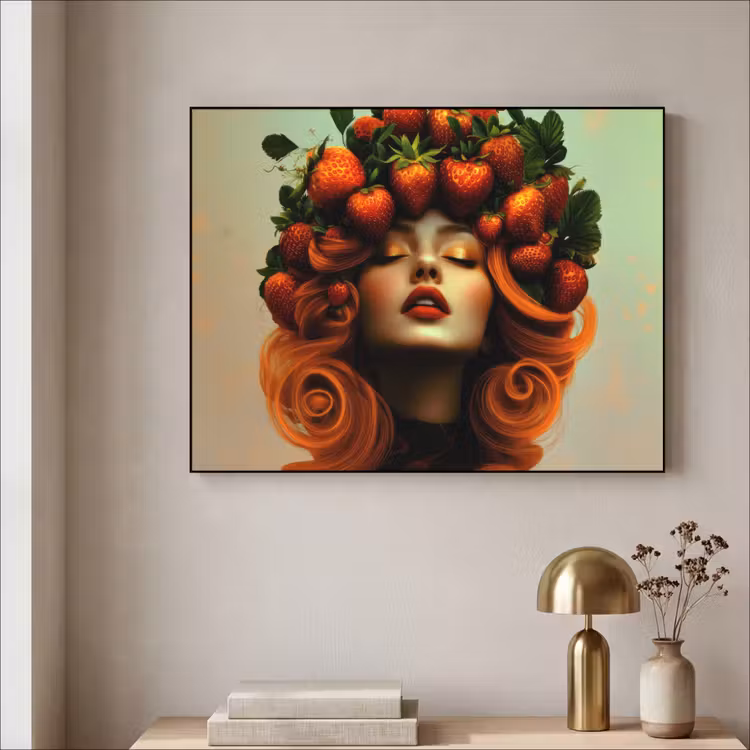 Vrouw - Aardbeien - Kroon Textielframe zwart klein -sfeer2