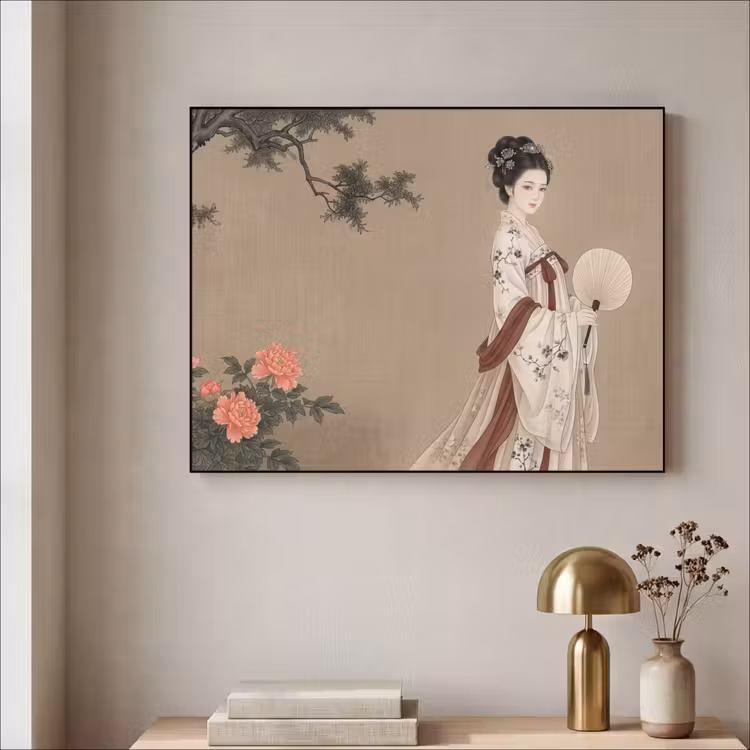 Vrouw - Azië - Kunst - Beige Textielframe zwart klein -sfeer2