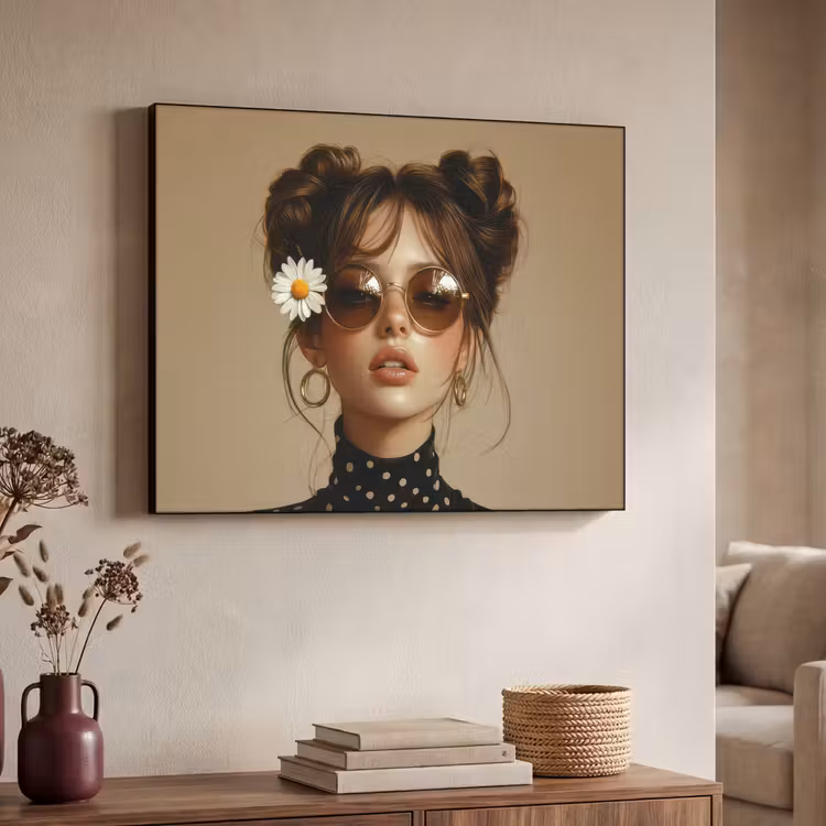 Vrouw - Beige - Bloem - Modern - Portret Textielframe zwart klein -sfeer3